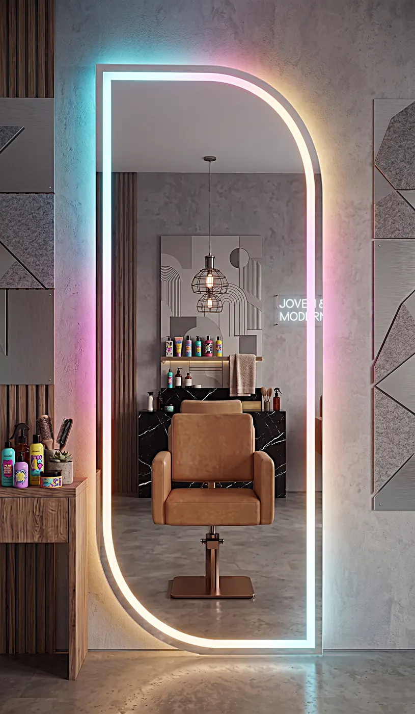 Espejo LED ATELIER instalado en una peluquería, retroiluminado