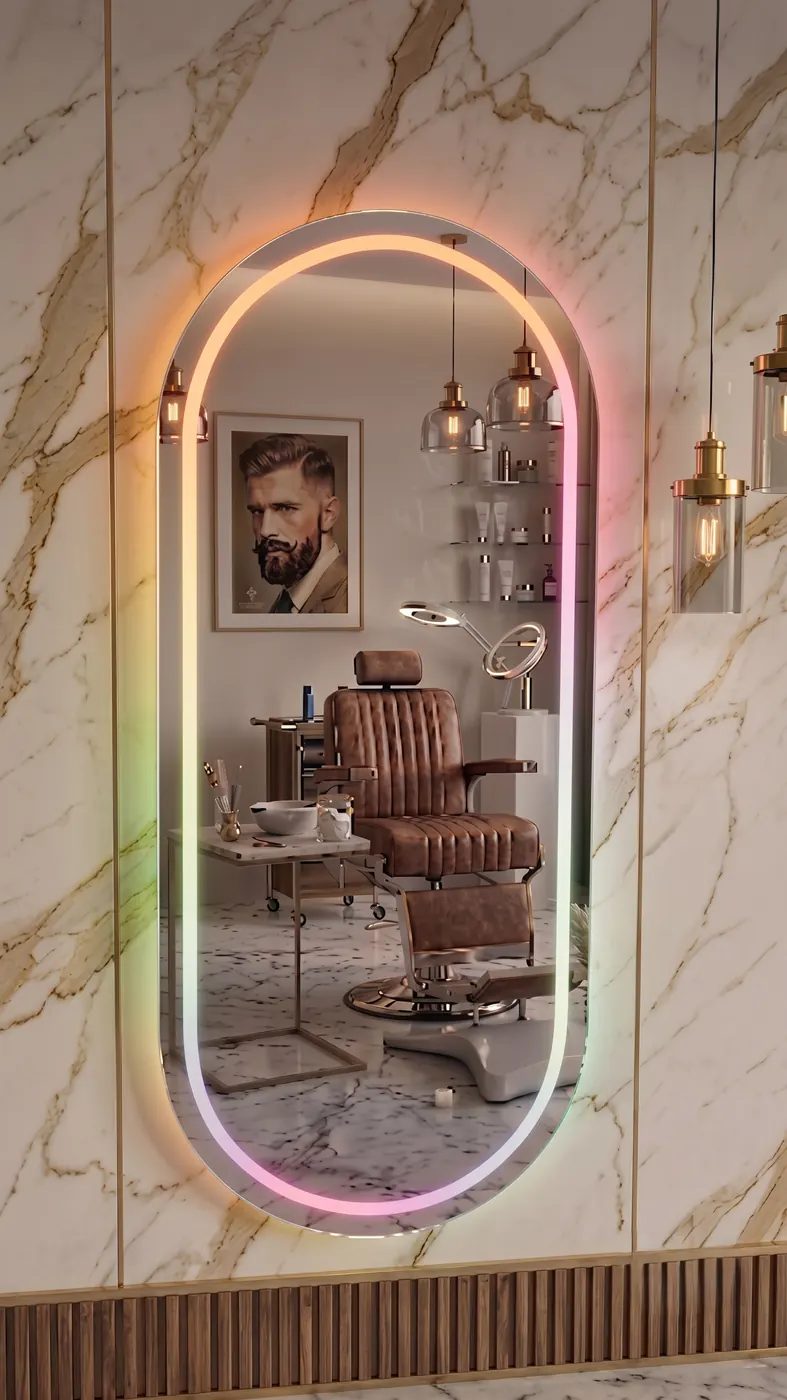 Espejo LED CENIT instalado en una peluquería, retroiluminado