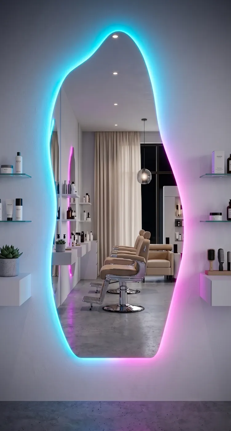 Espejo LED DUNA instalado en una peluquería, retroiluminado
