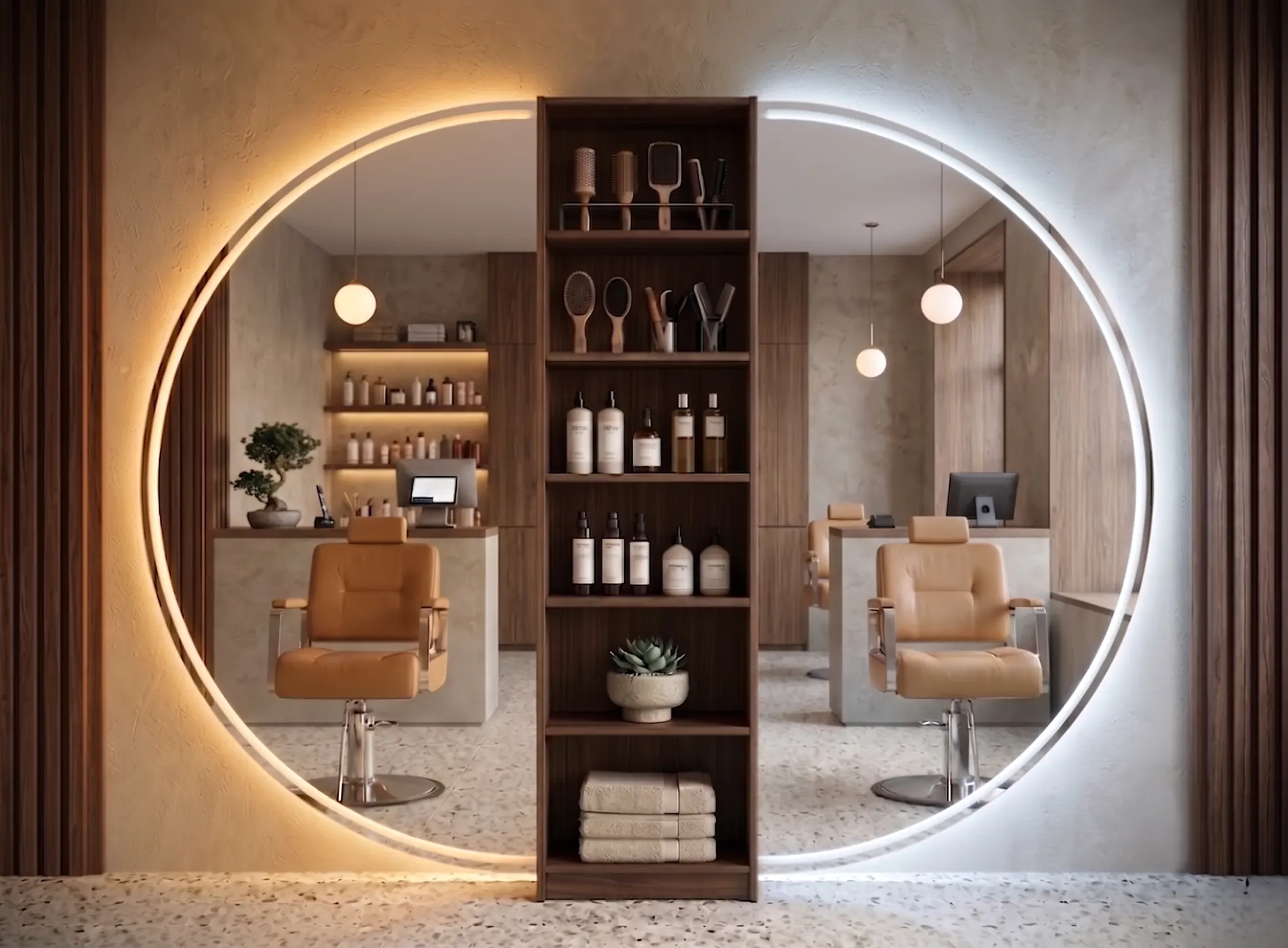Espejo LED MOON instalado en una peluquería, retroiluminado