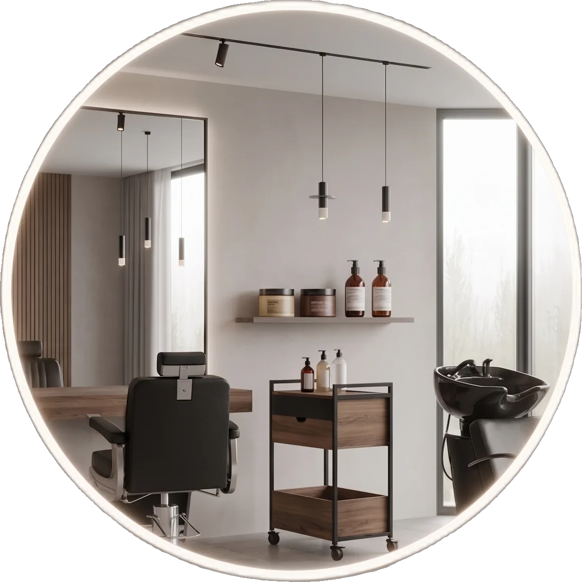 Espejo LED QUILLA circular instalado en una peluquería