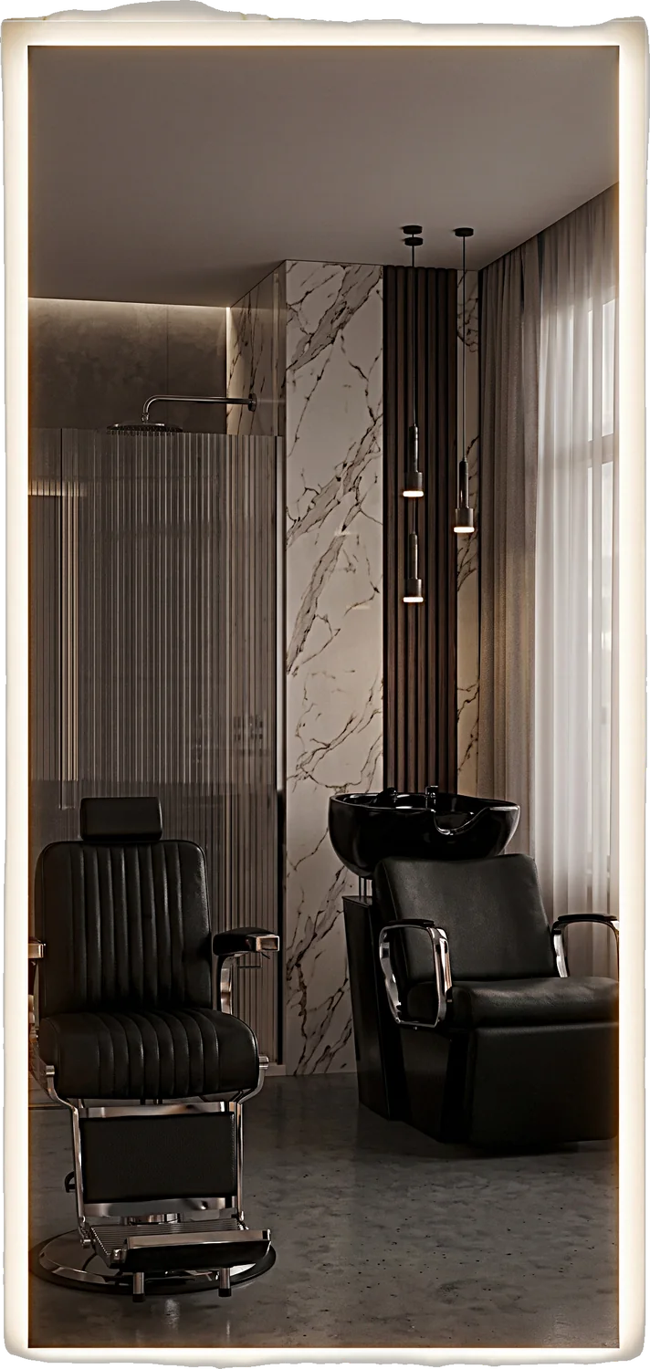 Espejo LED SAMI rectangular en un salón de peluquería