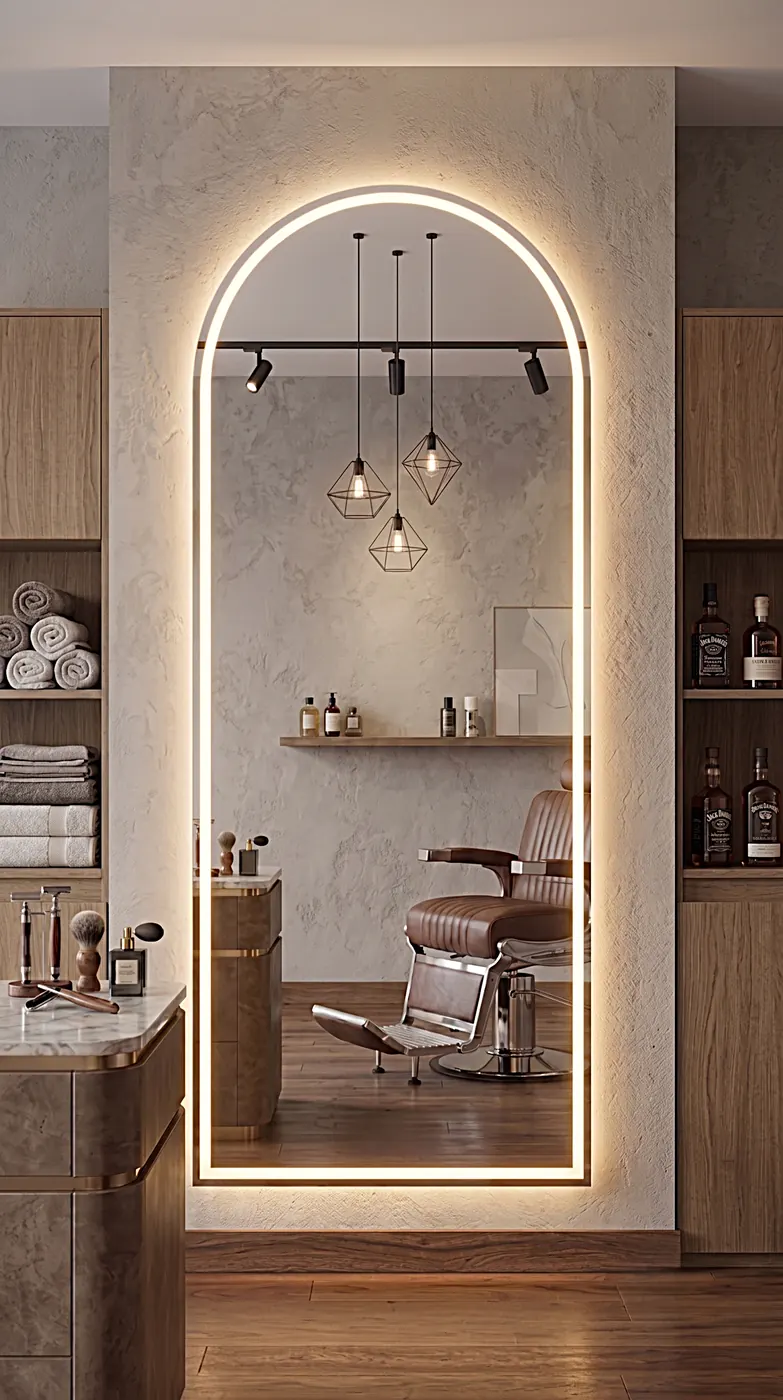 Espejo LED VESPER instalado en una peluquería, retroiluminado